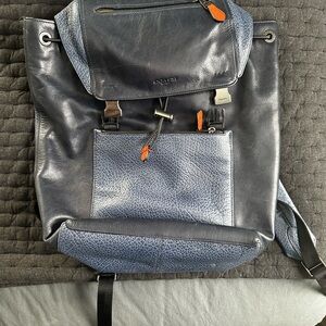 Coach Dark Blue Leather Backpack with Orange Accents